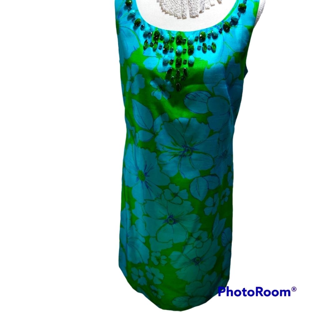 Eliza J Green and Turquoise Floral Beaded Sheath Dress